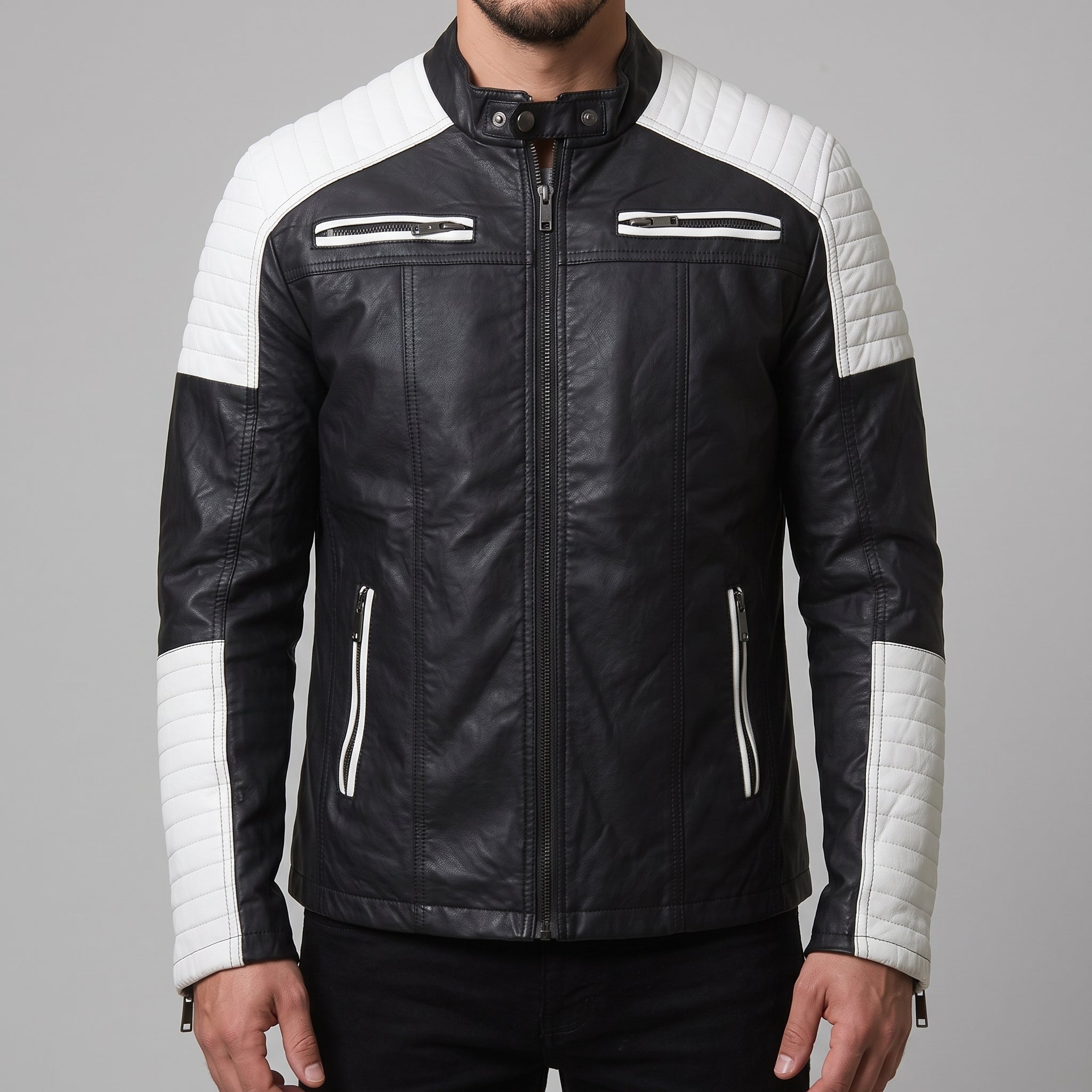 Men's Black and White Leather Biker Jacket — Adbury