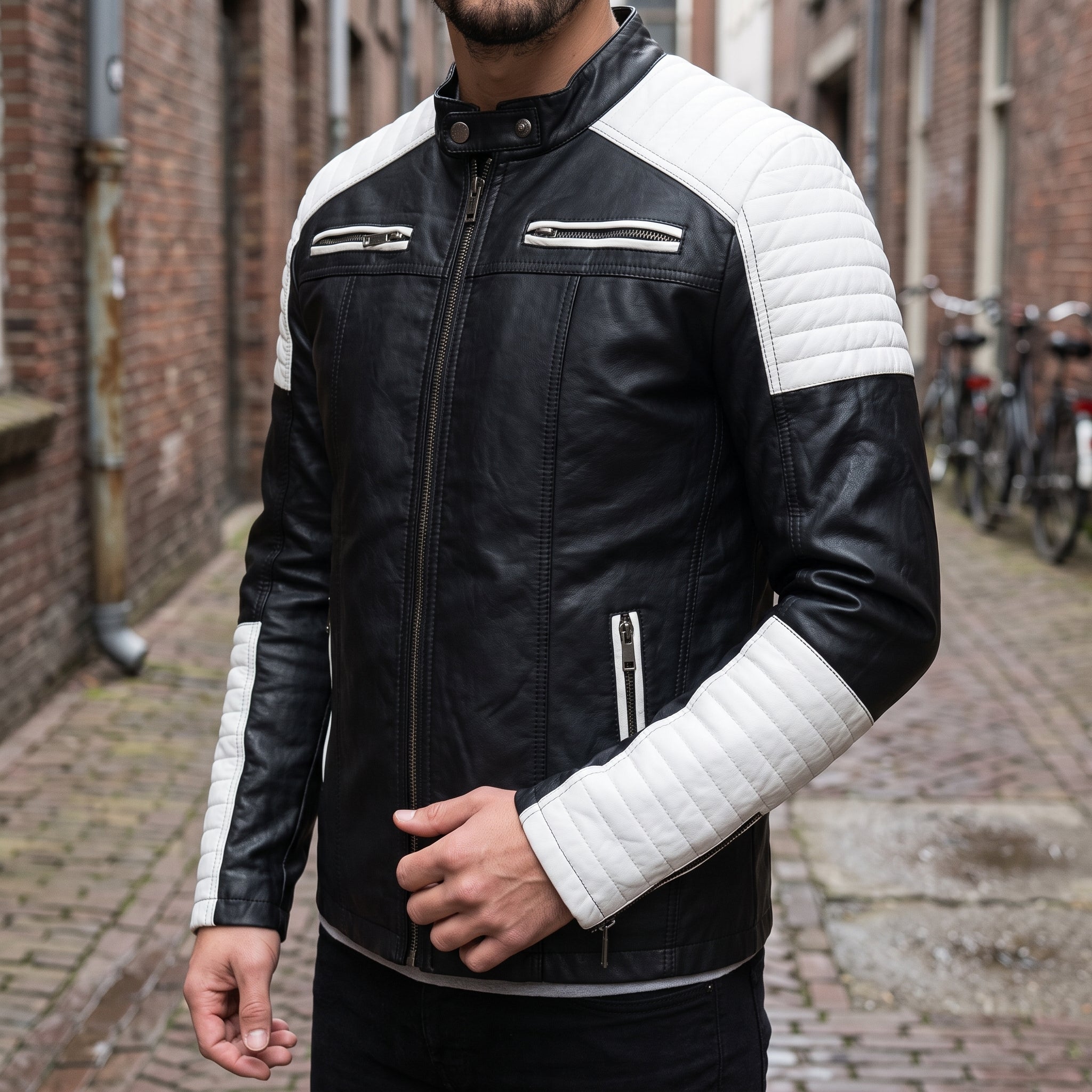 Men's Black and White Leather Biker Jacket — Adbury