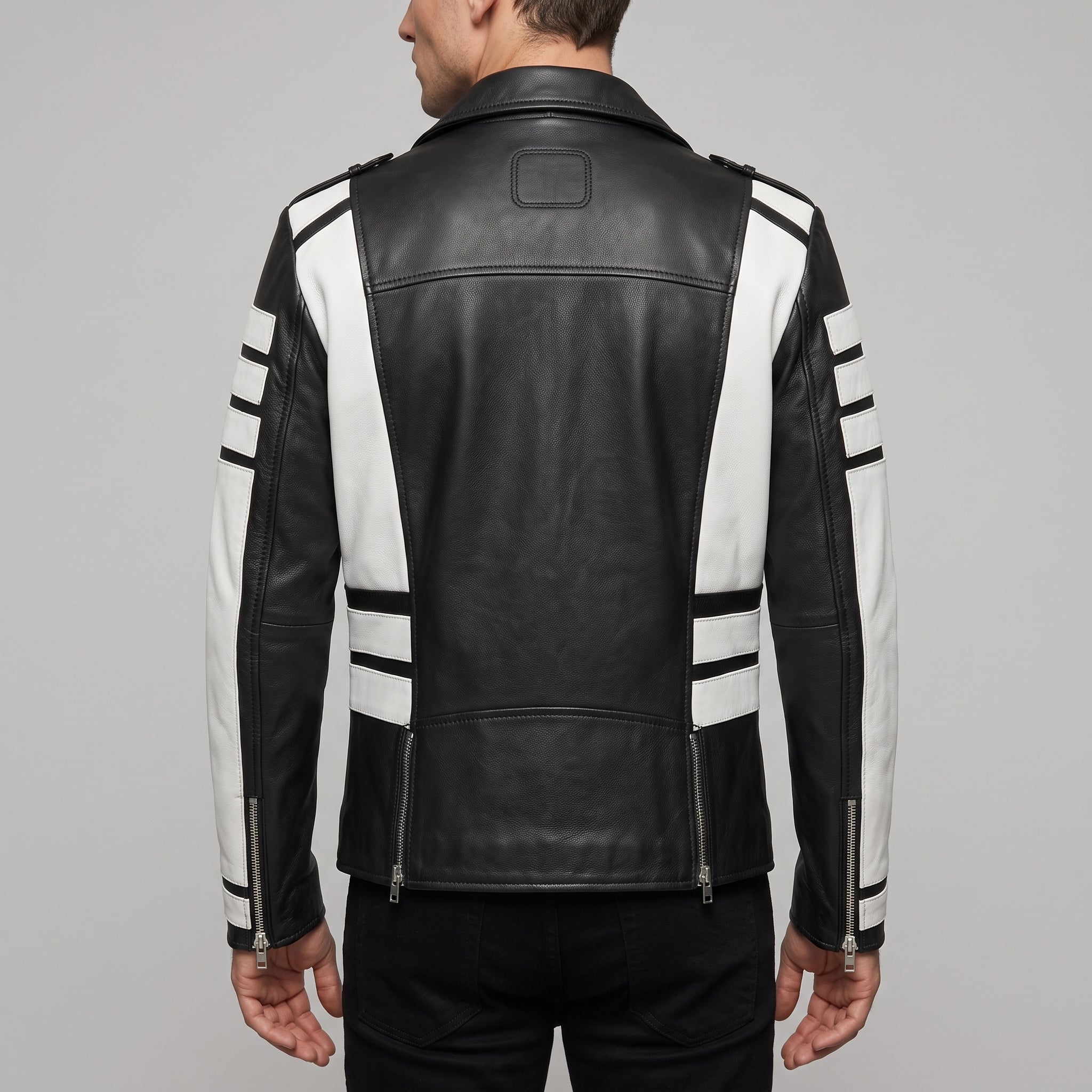 Men's Black and White Leather Biker Jacket — Blunt
