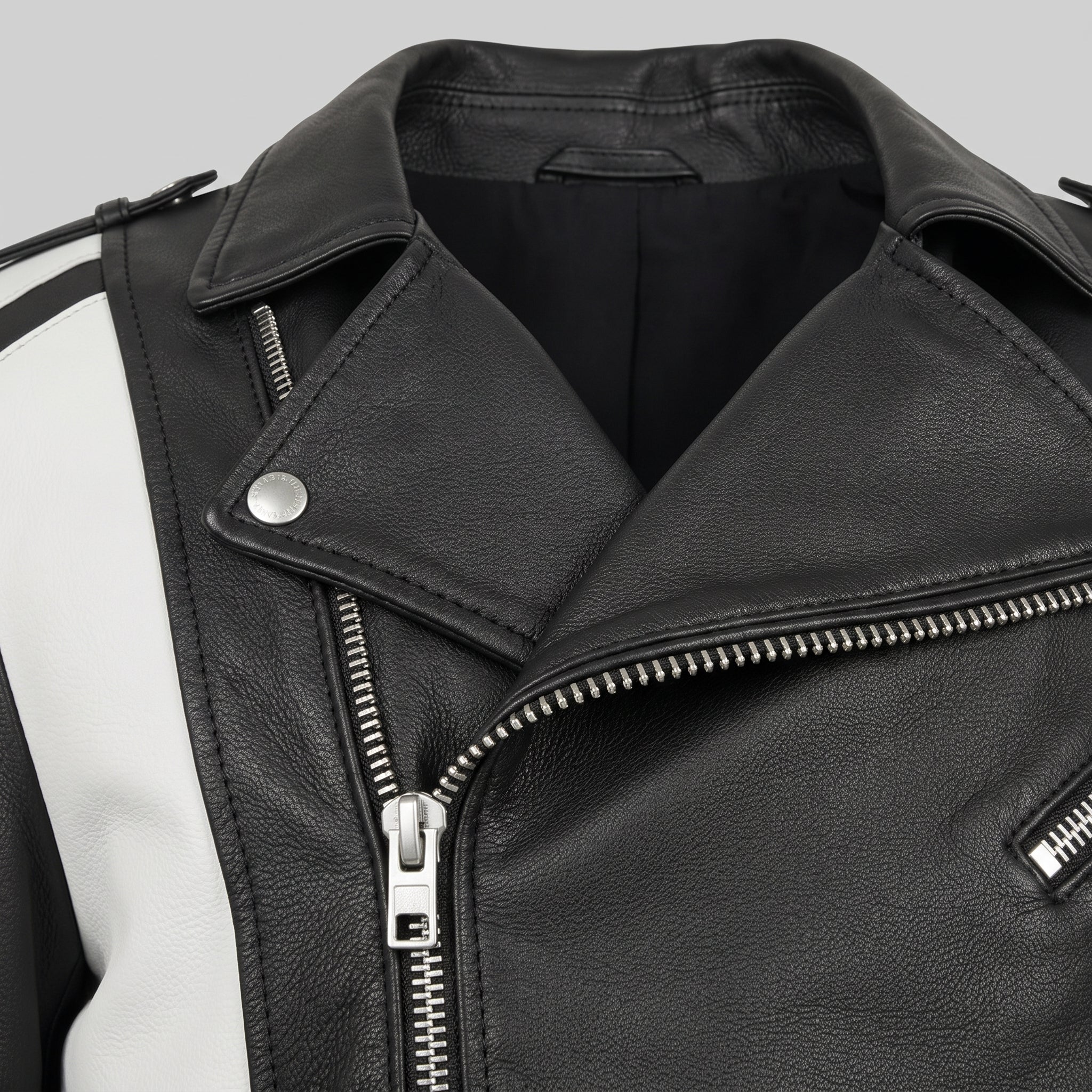 Men's Black and White Leather Biker Jacket — Blunt