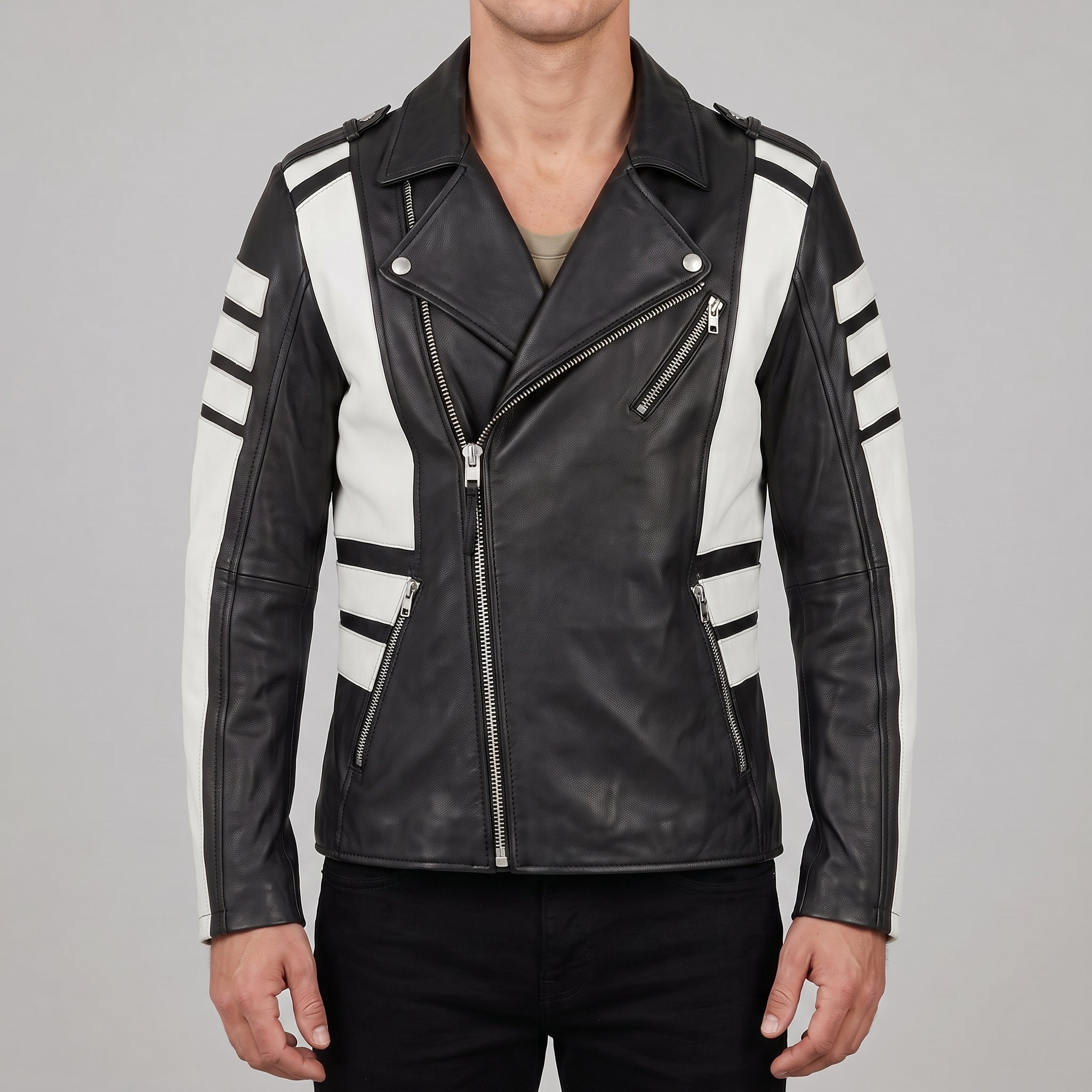 Men's Black and White Leather Biker Jacket — Blunt