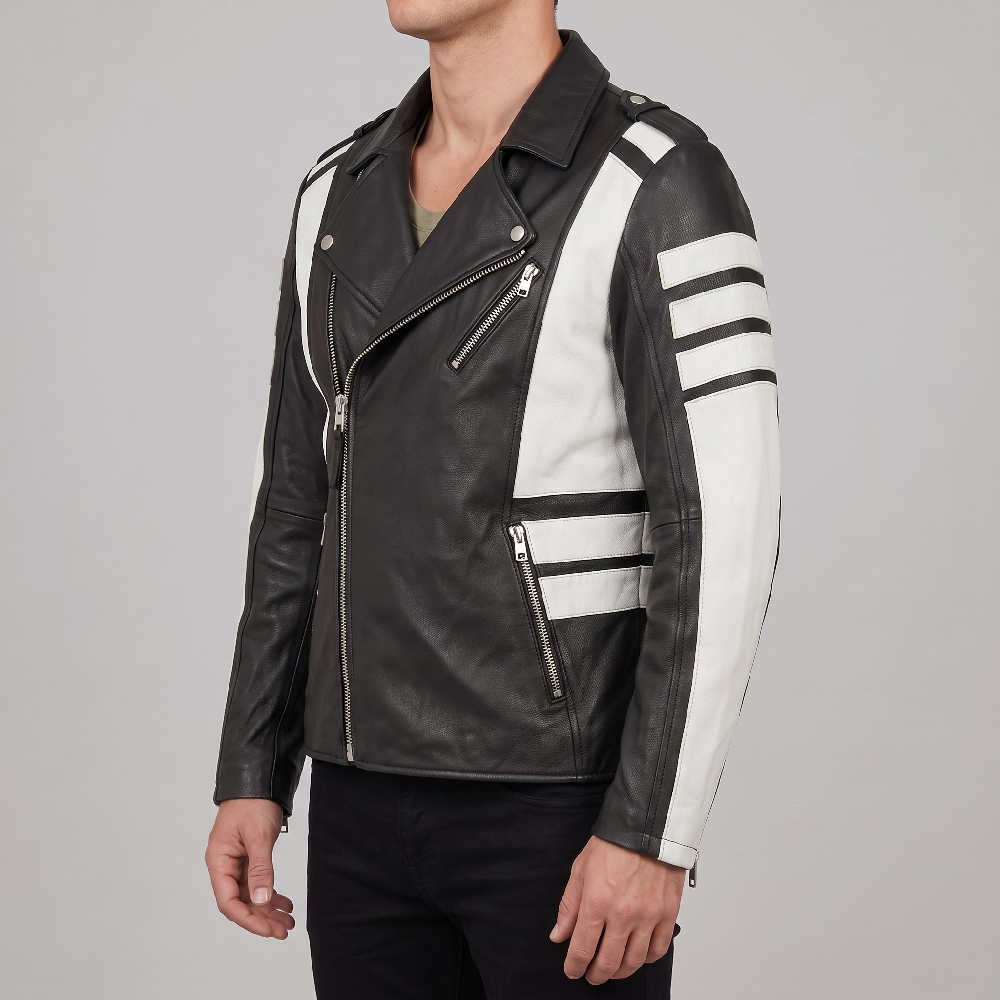 Men's Black and White Leather Biker Jacket — Blunt