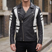 Men's Black and White Leather Biker Jacket — Blunt