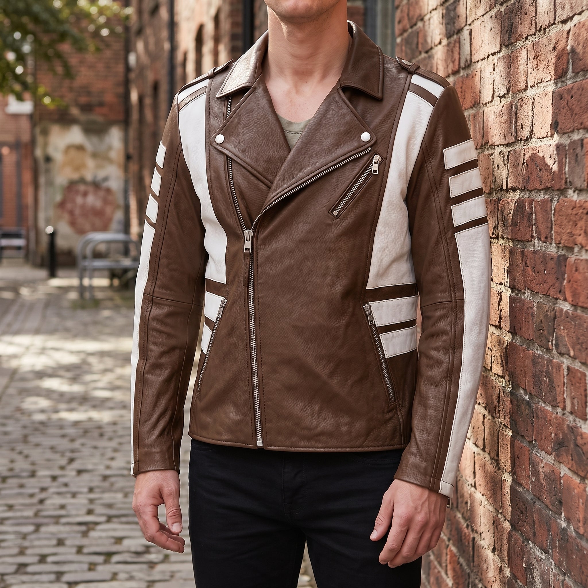 Men's Brown and White Leather Perfecto Biker Jacket — Blunt