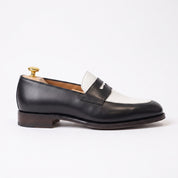 Men's Black and White Plain-Toe Leather Spectator Penny Loafers — Connell
