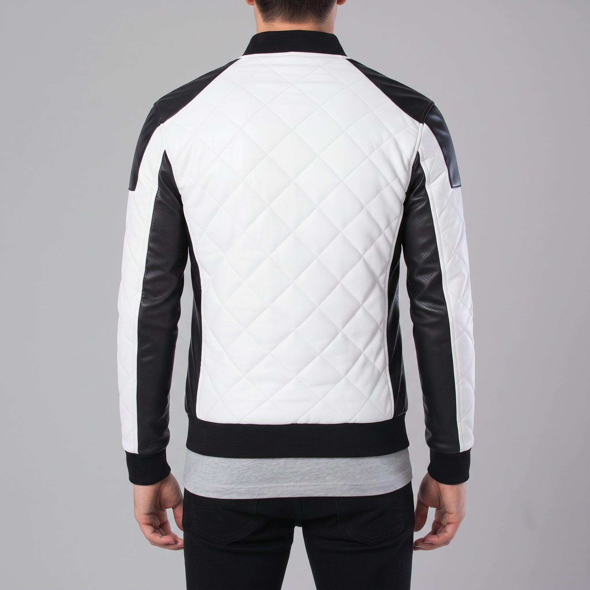 Men's Black and White Quilted Leather Bomber Jacket — Baverstock
