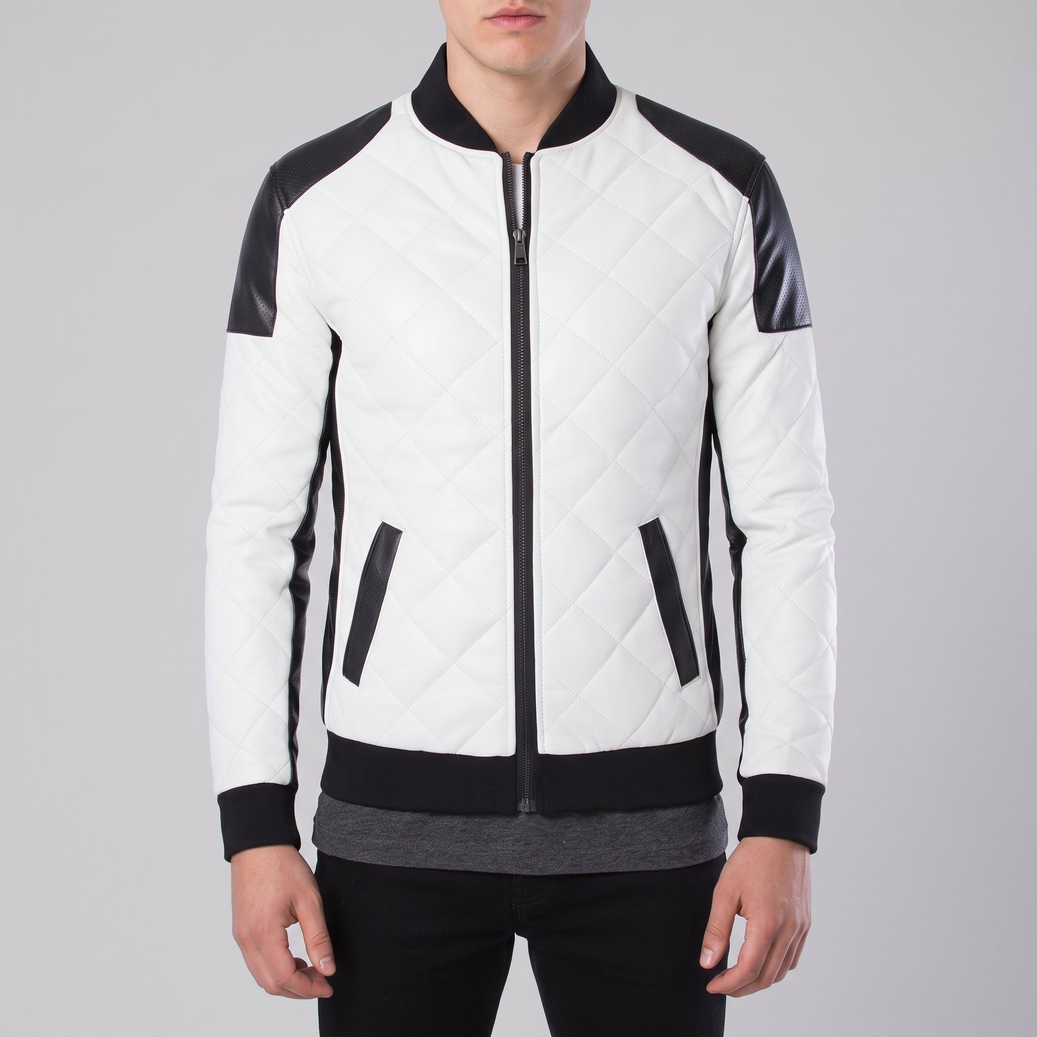 Men's Black and White Quilted Leather Bomber Jacket — Baverstock