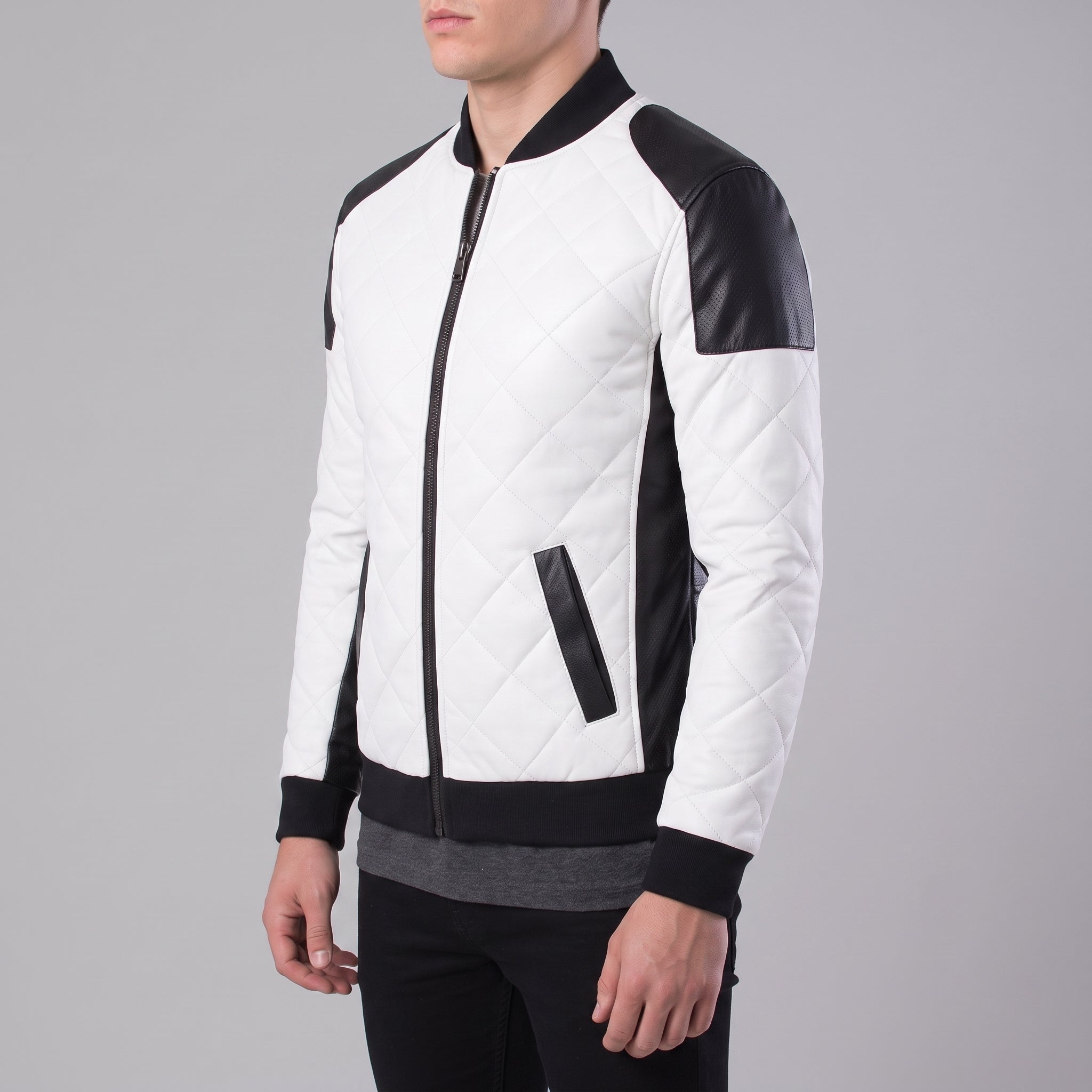 Men's Black and White Quilted Leather Bomber Jacket — Baverstock