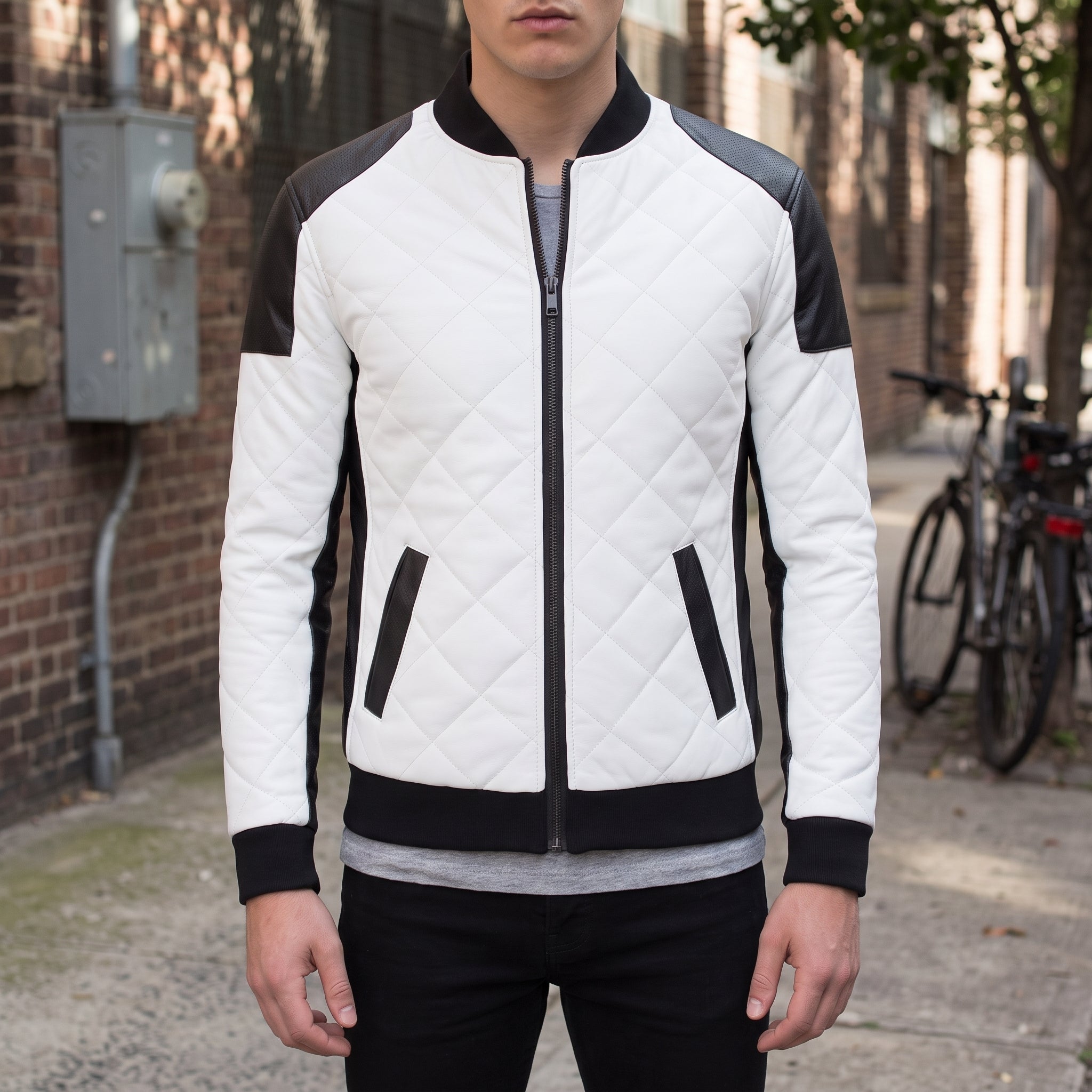 Men's Black and White Quilted Leather Bomber Jacket — Baverstock