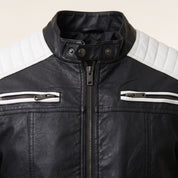 Men's Black and White Leather Biker Jacket — Adbury