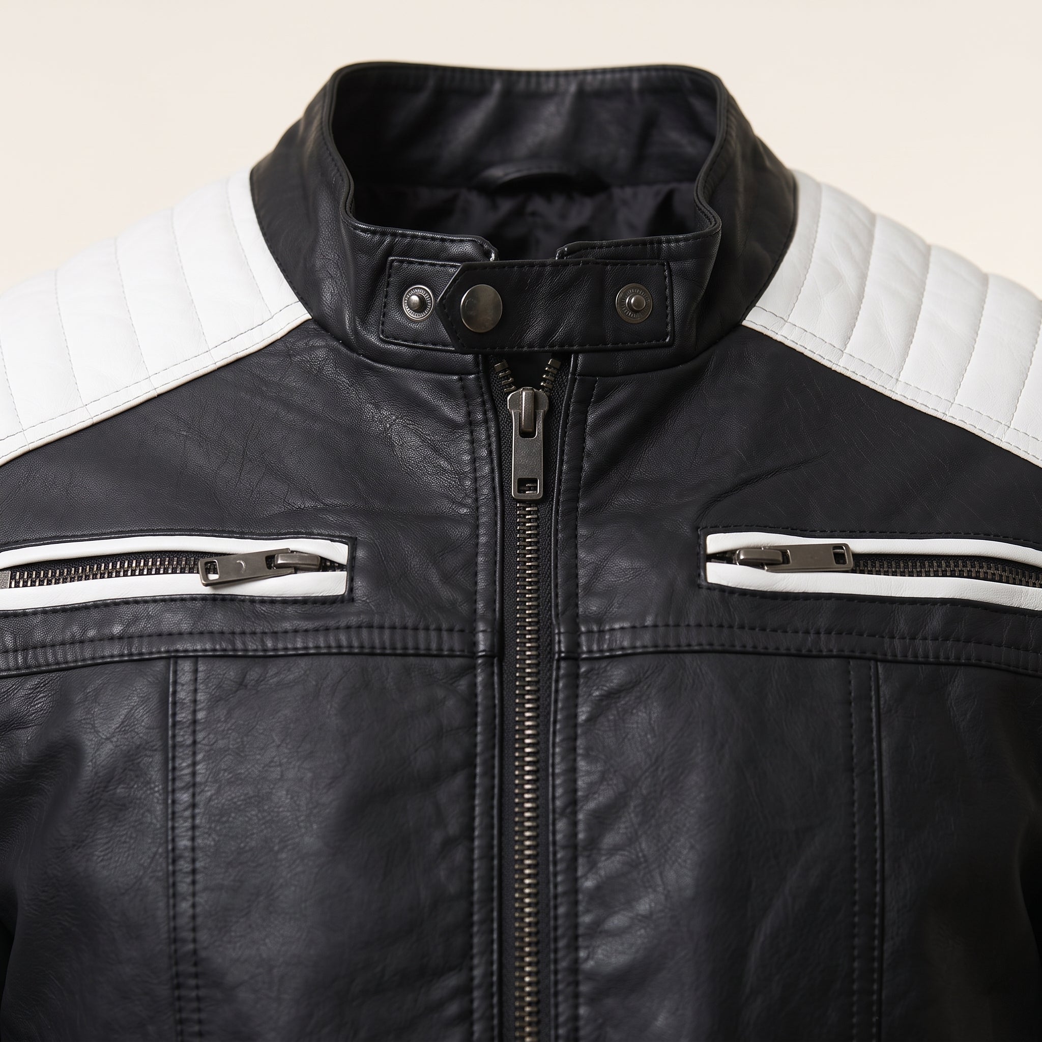 Men's Black and White Leather Biker Jacket — Adbury