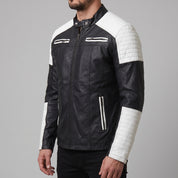 Men's Black and White Leather Biker Jacket — Adbury