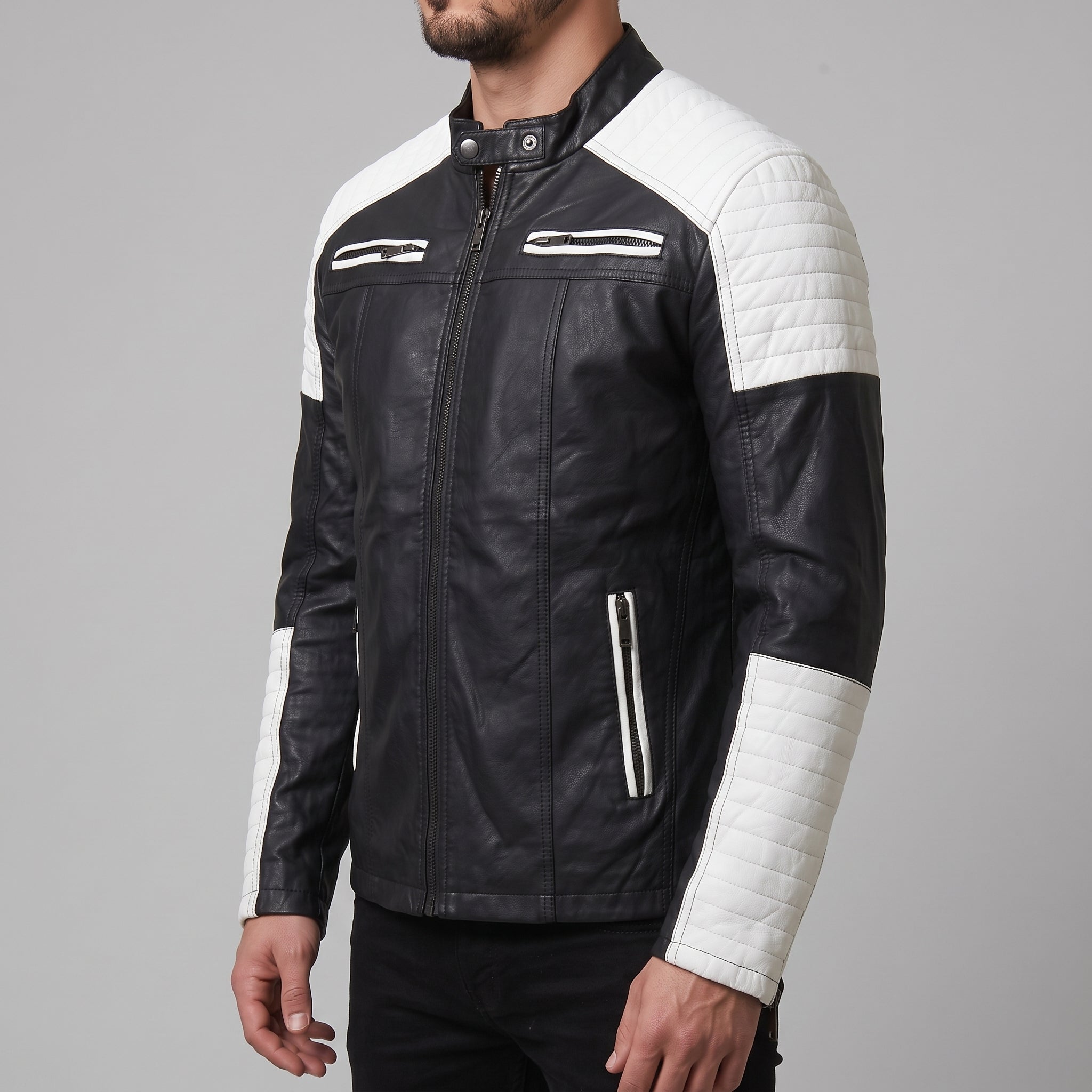 Men's Black and White Leather Biker Jacket — Adbury
