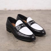 Men's Black and White Two-Tone Alligator-Embossed Leather Penny Loafers — Fenmore
