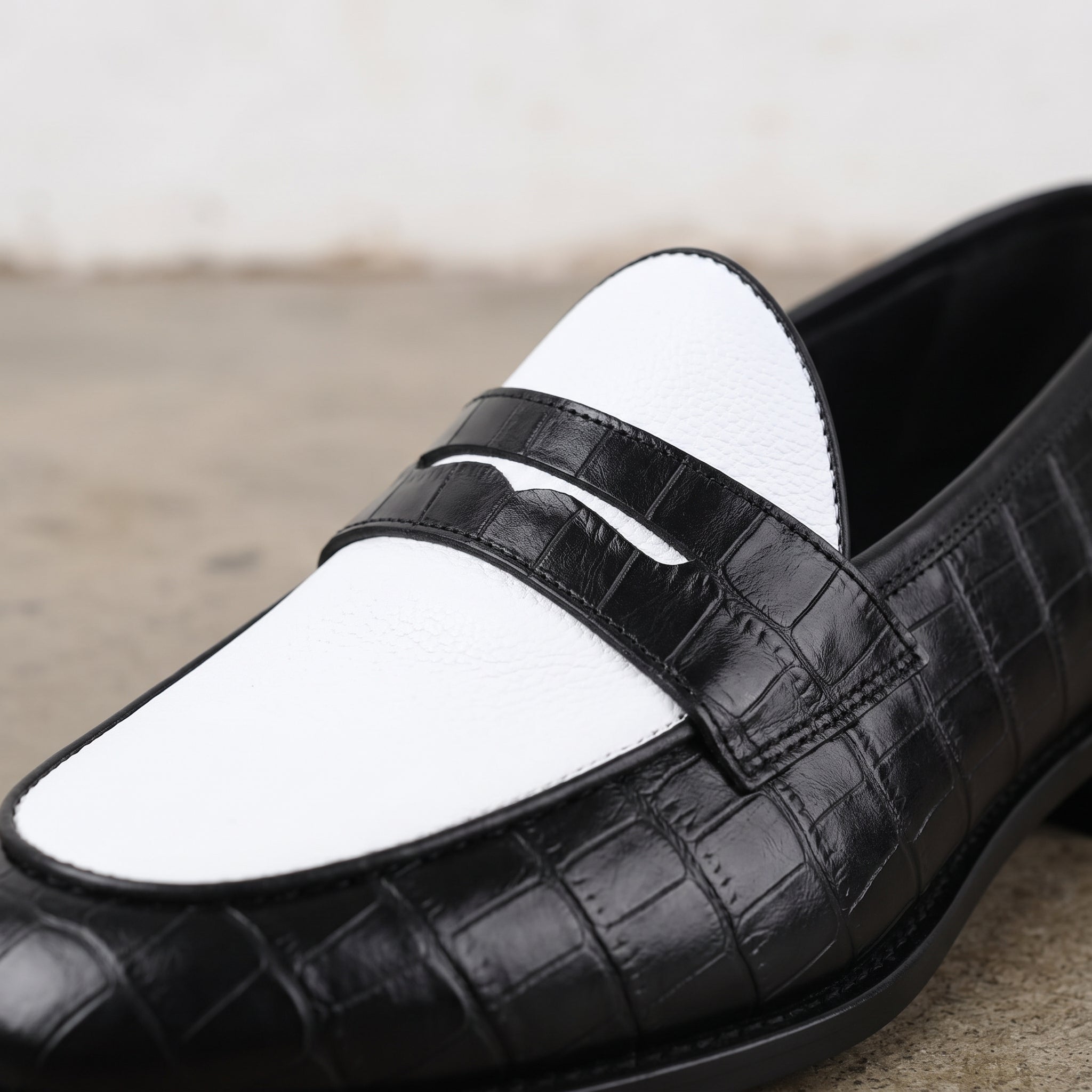 Men's Black and White Two-Tone Alligator-Embossed Leather Penny Loafers — Fenmore
