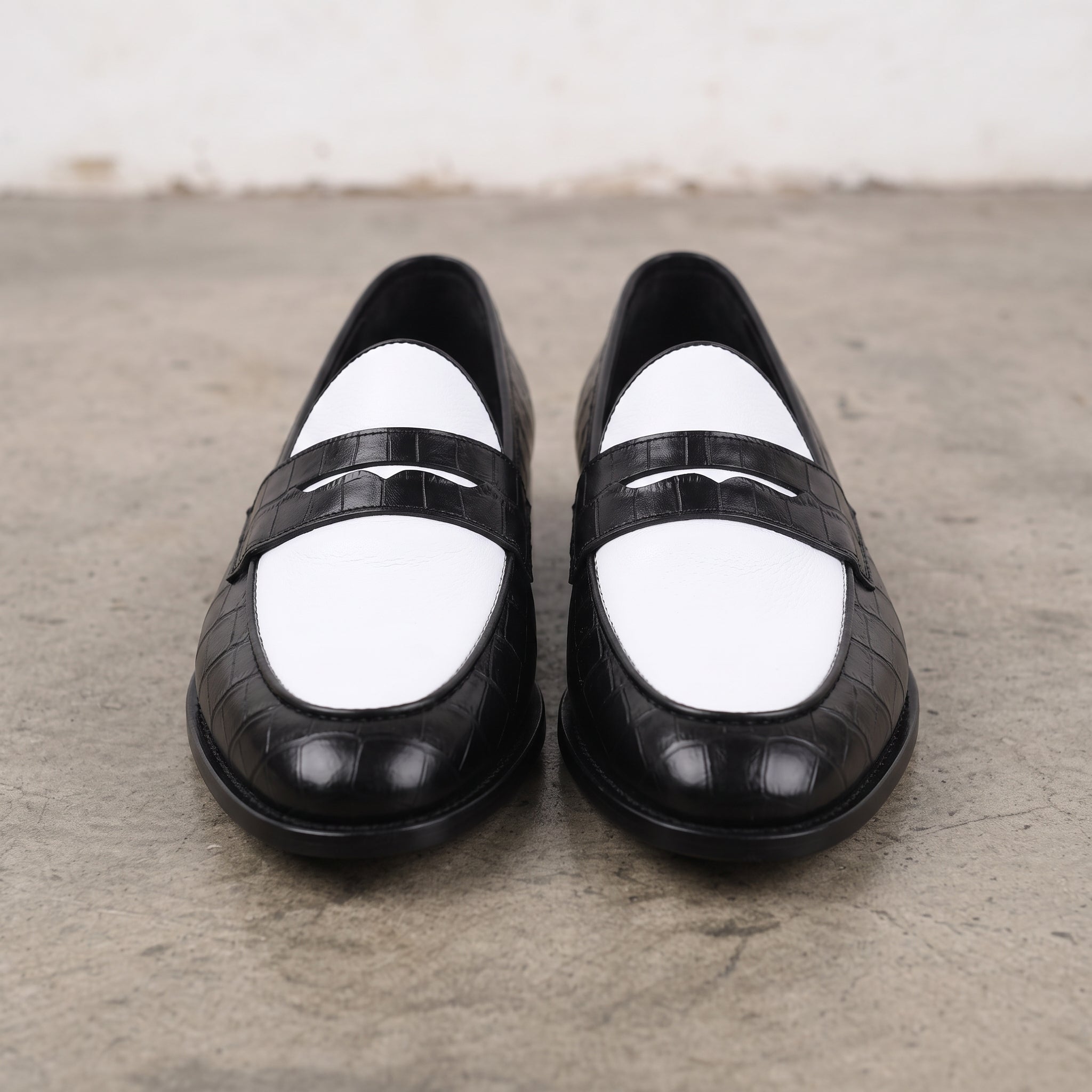 Men's Black and White Two-Tone Alligator-Embossed Leather Penny Loafers — Fenmore