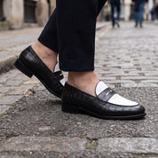 Men's Black and White Two-Tone Alligator-Embossed Leather Penny Loafers — Fenmore