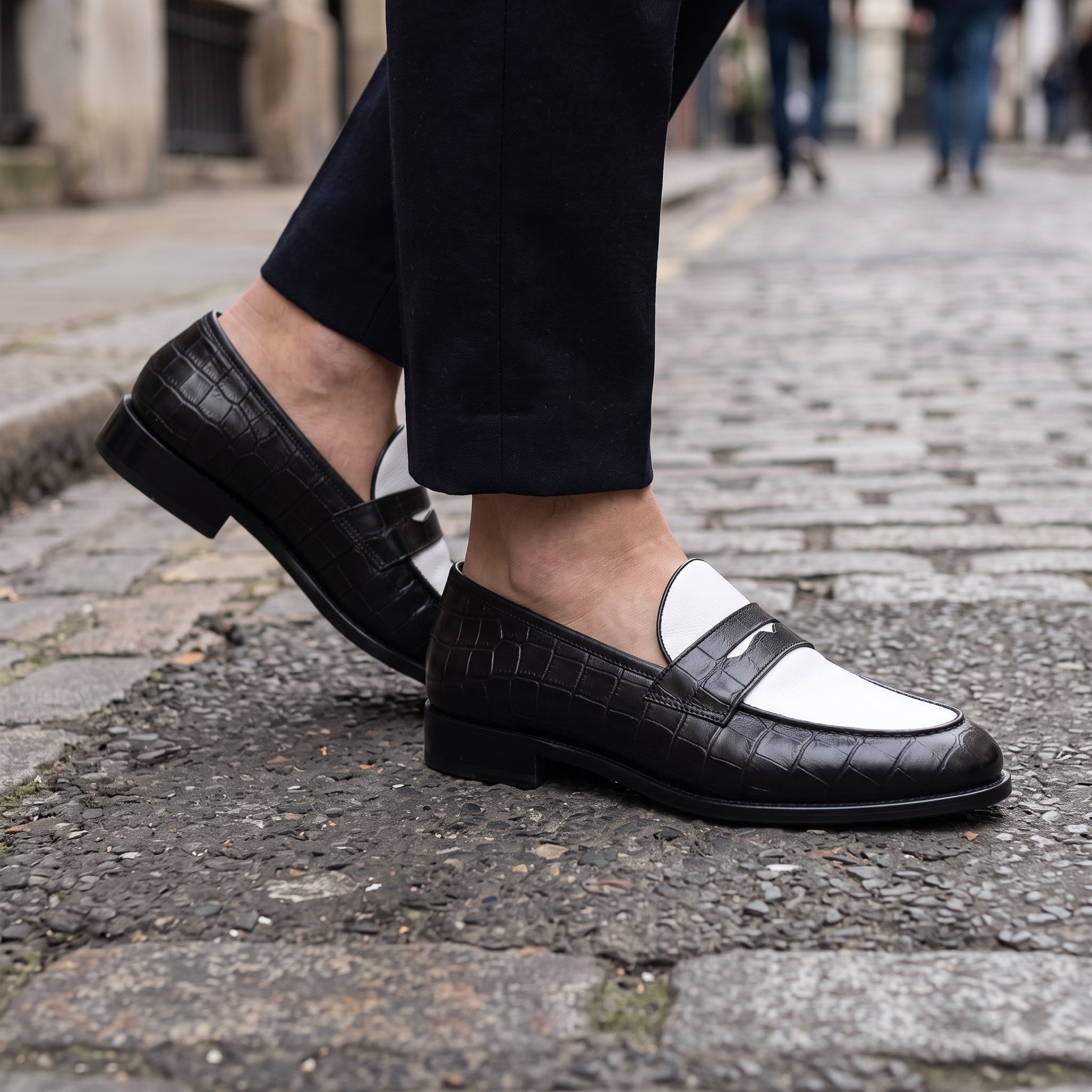 Men's Black and White Two-Tone Alligator-Embossed Leather Penny Loafers — Fenmore