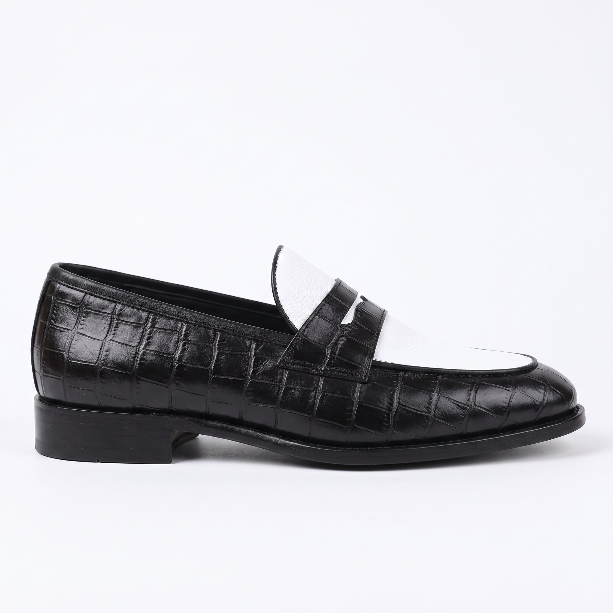 Men's Black and White Two-Tone Alligator-Embossed Leather Penny Loafers — Fenmore