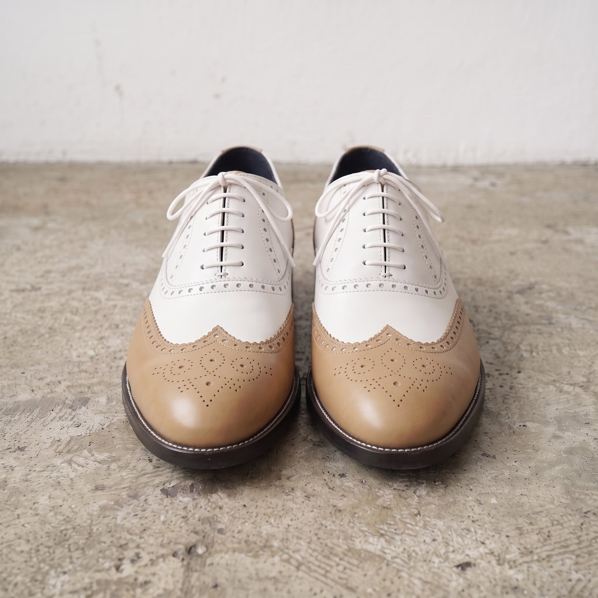 Men's Tan and White Two-Tone Wingtip Leather Oxfords — Gunnell