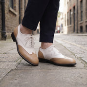 Men's Tan and White Two-Tone Wingtip Leather Oxfords — Gunnell