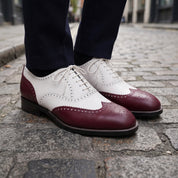 Men's Burgundy and White Two-Tone Wingtip Leather Oxfords — Gunnell