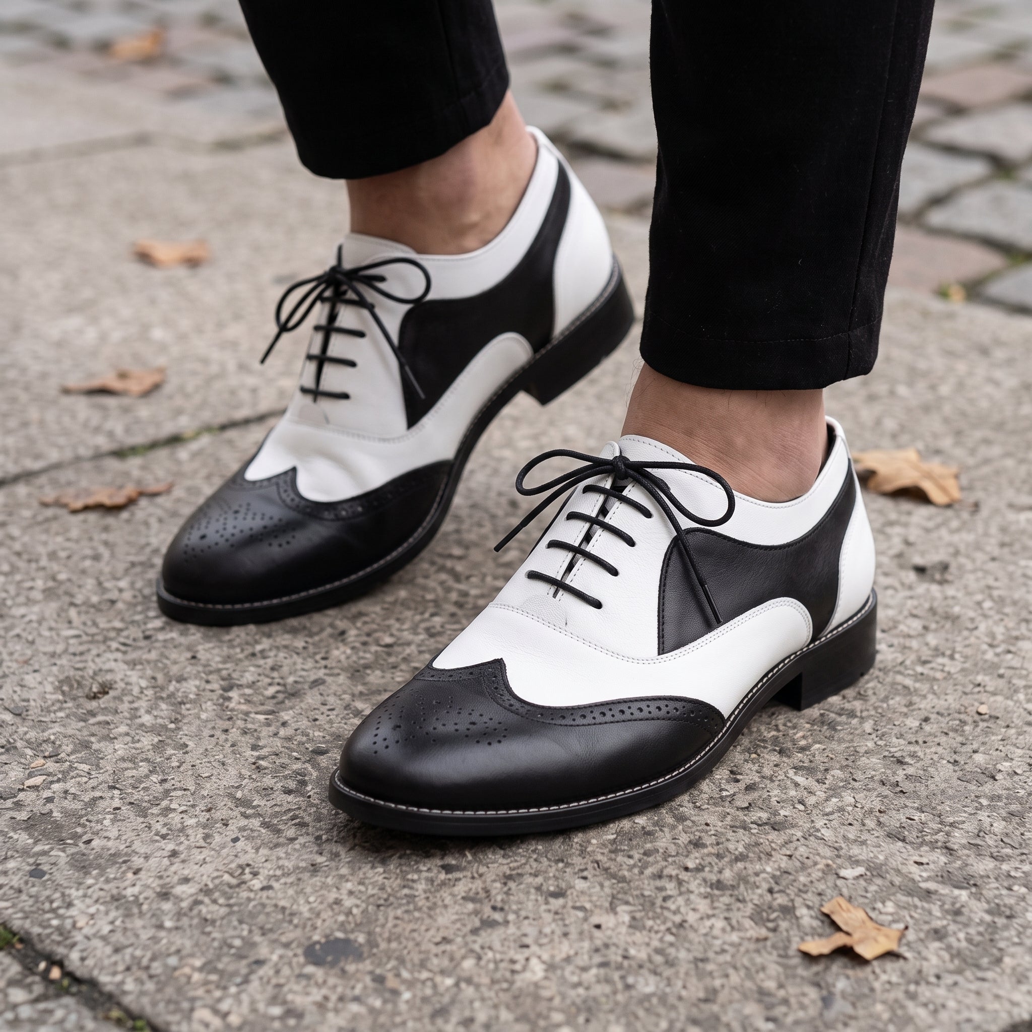 Men's Black and White Plain-Toe Leather Spectator Derby Shoes — Calthorpe