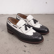 Men's Black and White Wingtip Leather Tassel Loafers — Rowe