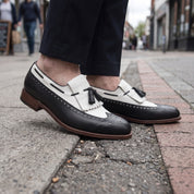 Men's Black and White Wingtip Leather Tassel Loafers — Rowe