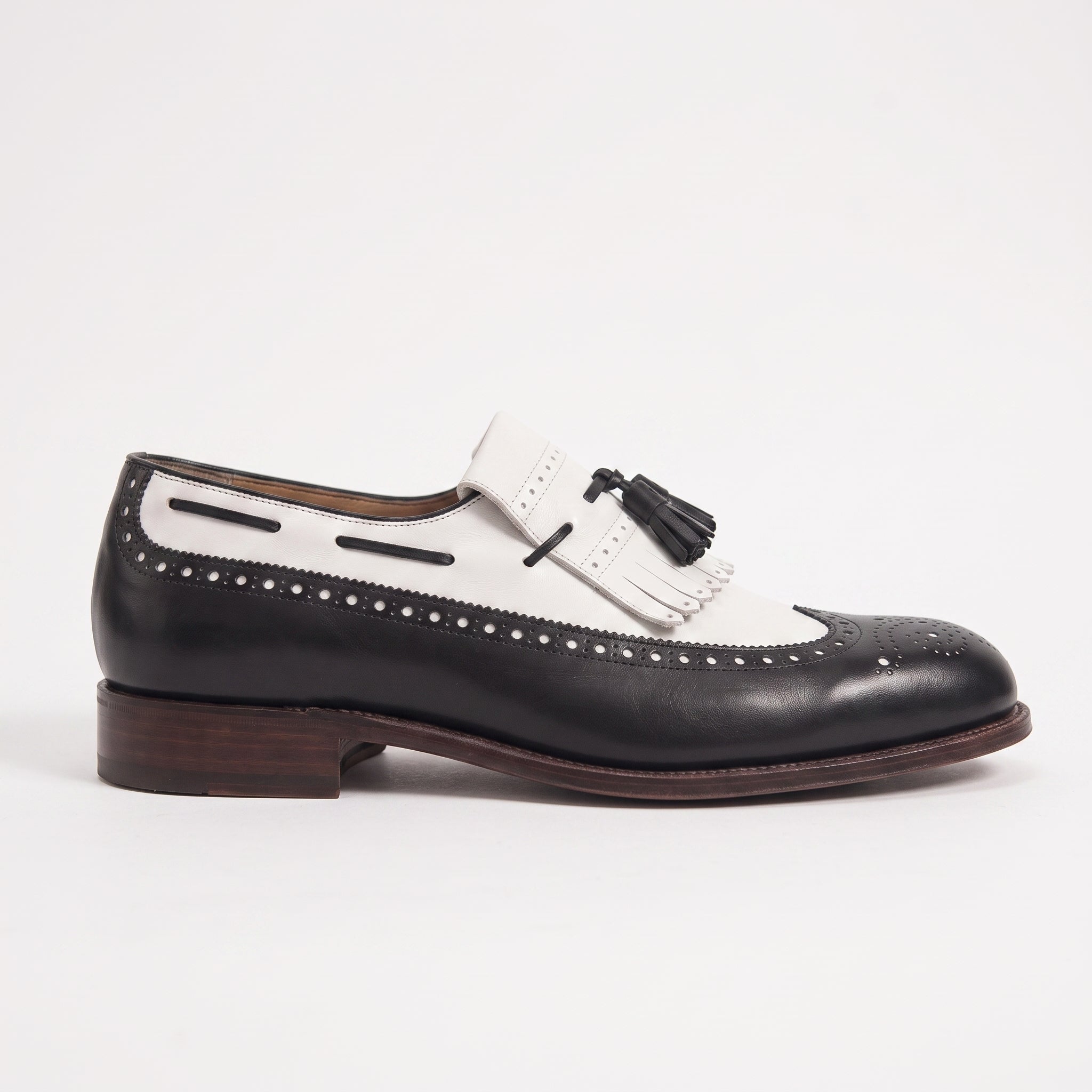 Men's Black and White Wingtip Leather Tassel Loafers — Rowe