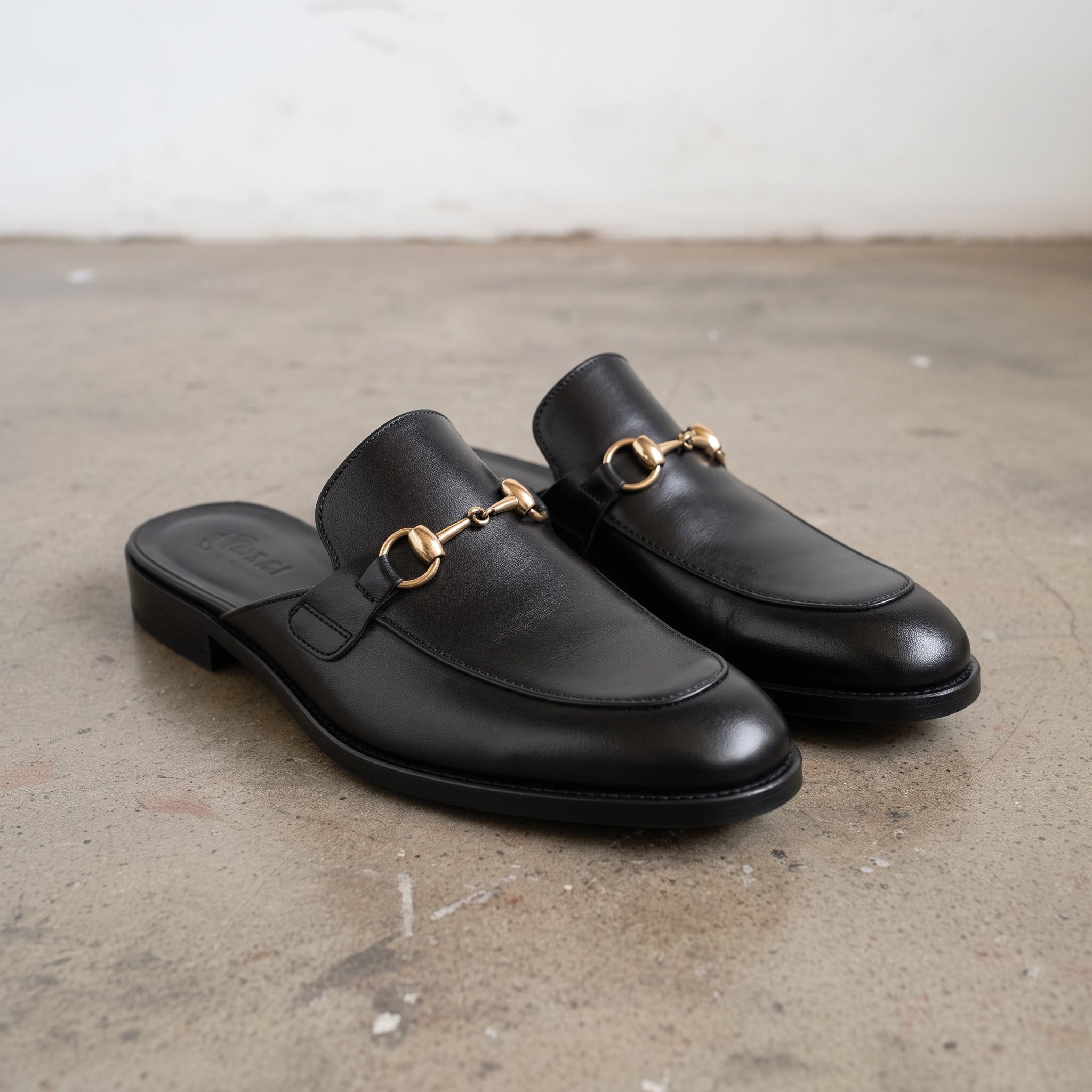 Men's Black Apron-Toe Leather Bit Mules — Hailsham