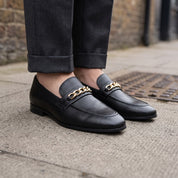 Men's Black Apron-Toe Leather Chain Loafers — Herbert