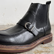 Men's Black Apron-Toe Leather Chelsea Boots with Strap — Pashley