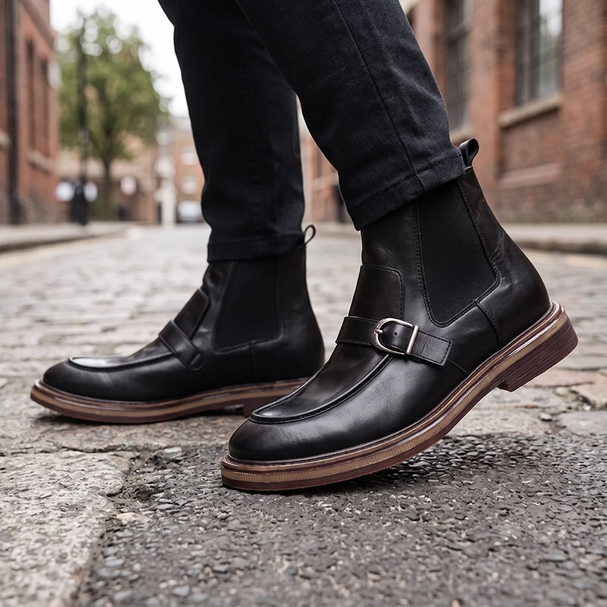 Men's Black Apron-Toe Leather Chelsea Boots with Strap — Pashley
