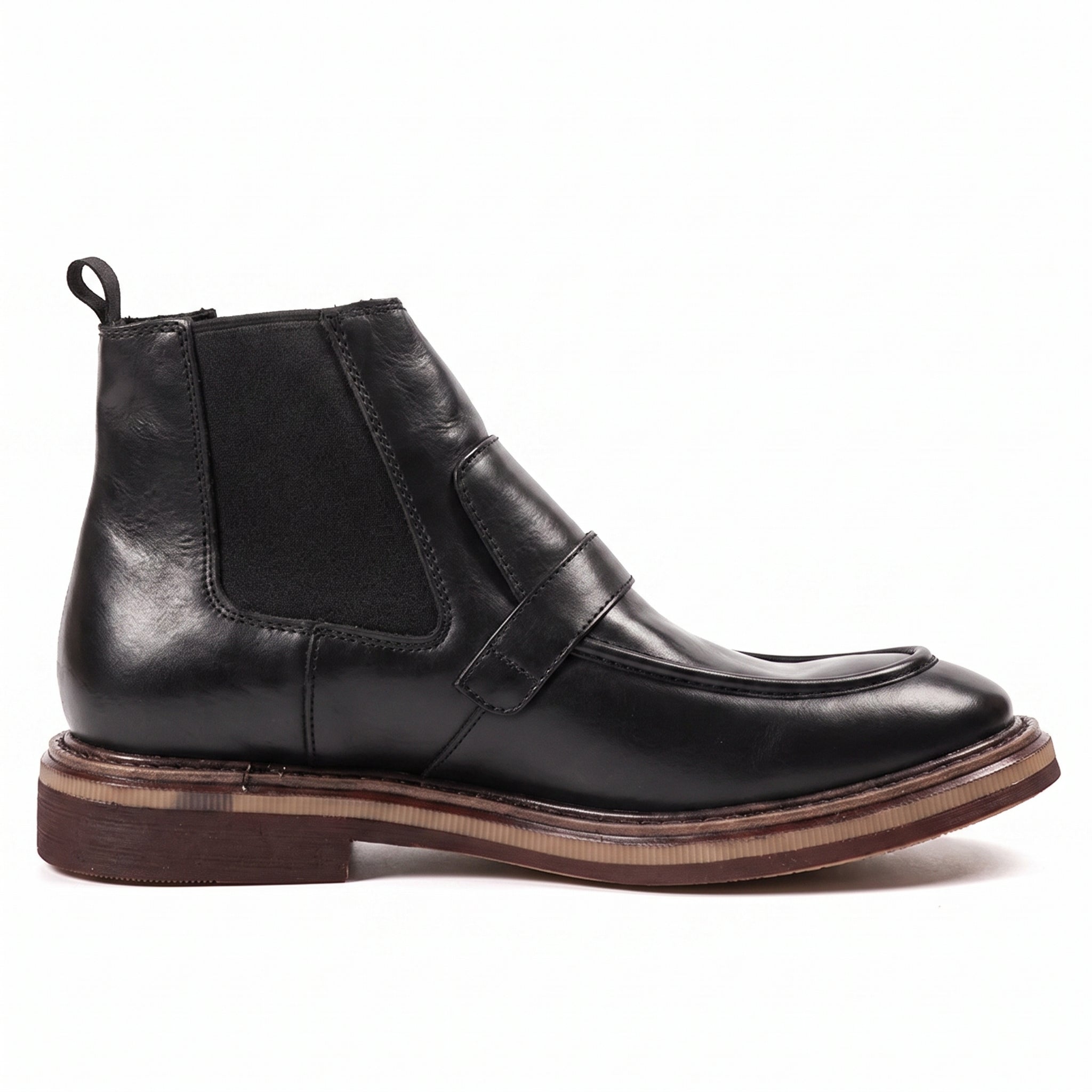 Men's Black Apron-Toe Leather Chelsea Boots with Strap — Pashley