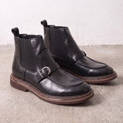 Men's Black Apron-Toe Leather Chelsea Boots with Strap — Pashley