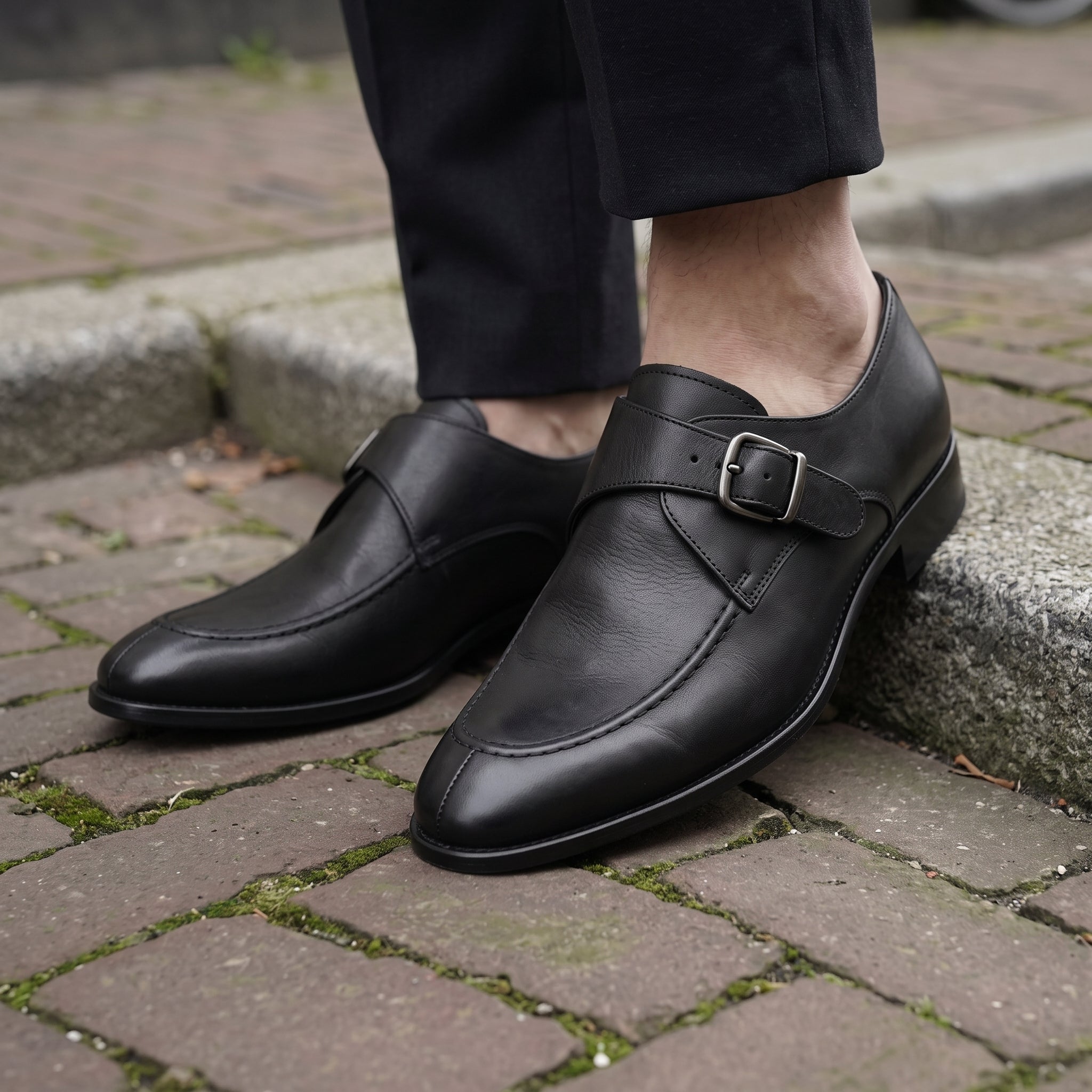 Men's Black Apron-Toe Leather Monk Strap Shoes — Axmouth — Axmouth