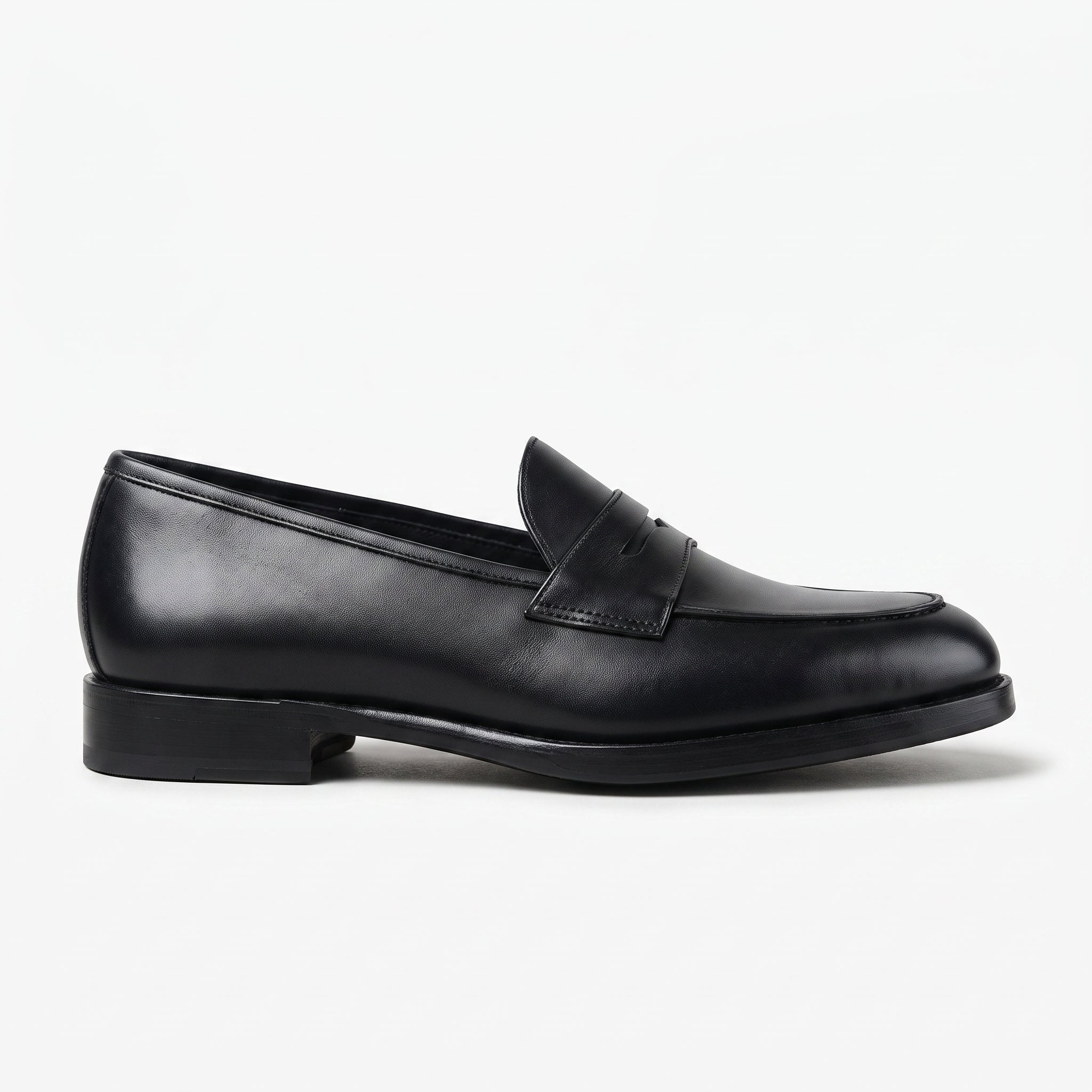 Men's Black Apron-Toe Leather Penny Loafers — Kinsley