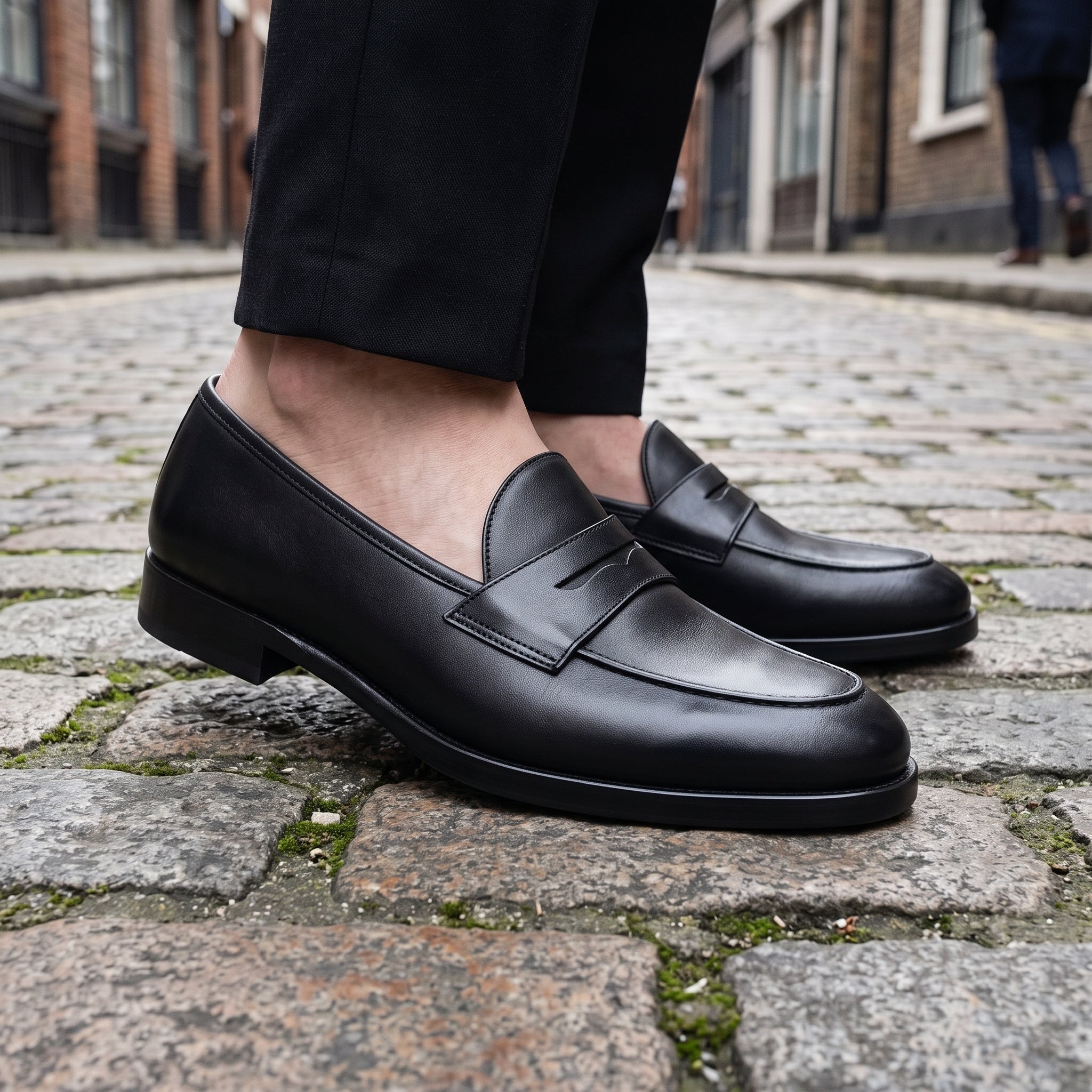 Men's Black Apron-Toe Leather Penny Loafers — Kinsley