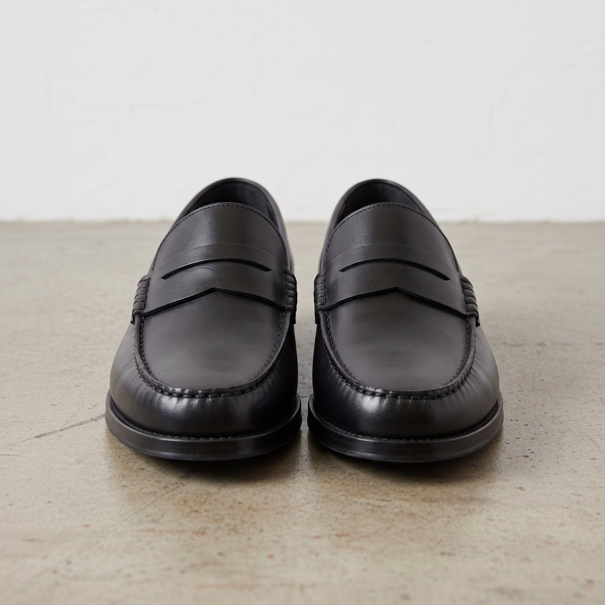Men's Black Apron-Toe Leather Penny Loafers — Poynton