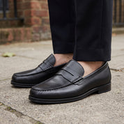 Men's Black Apron-Toe Leather Penny Loafers — Poynton