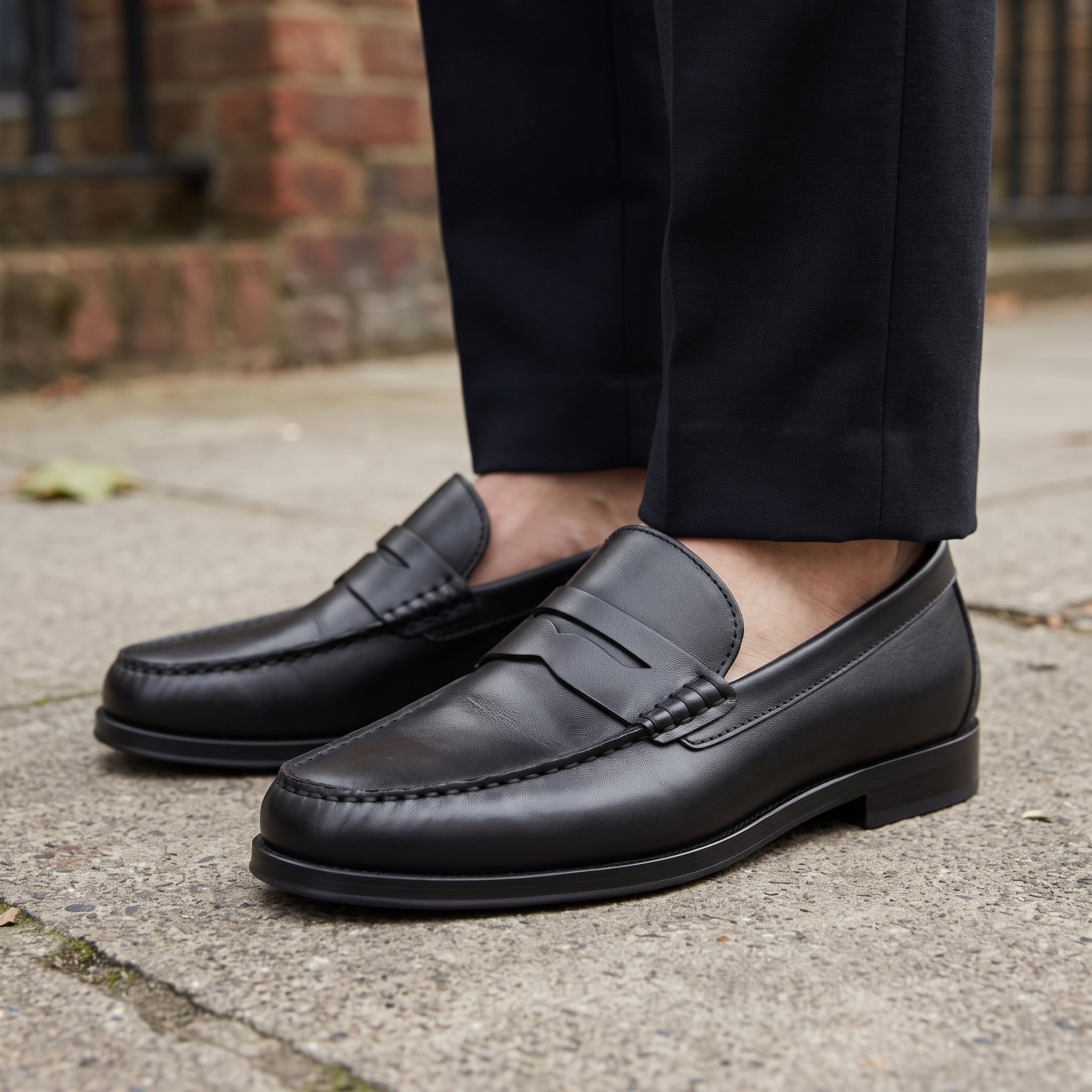 Men's Black Apron-Toe Leather Penny Loafers — Poynton