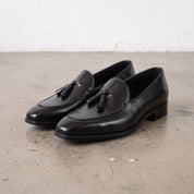 Men's Black Apron-Toe Leather Tassel Loafers — Ainsley