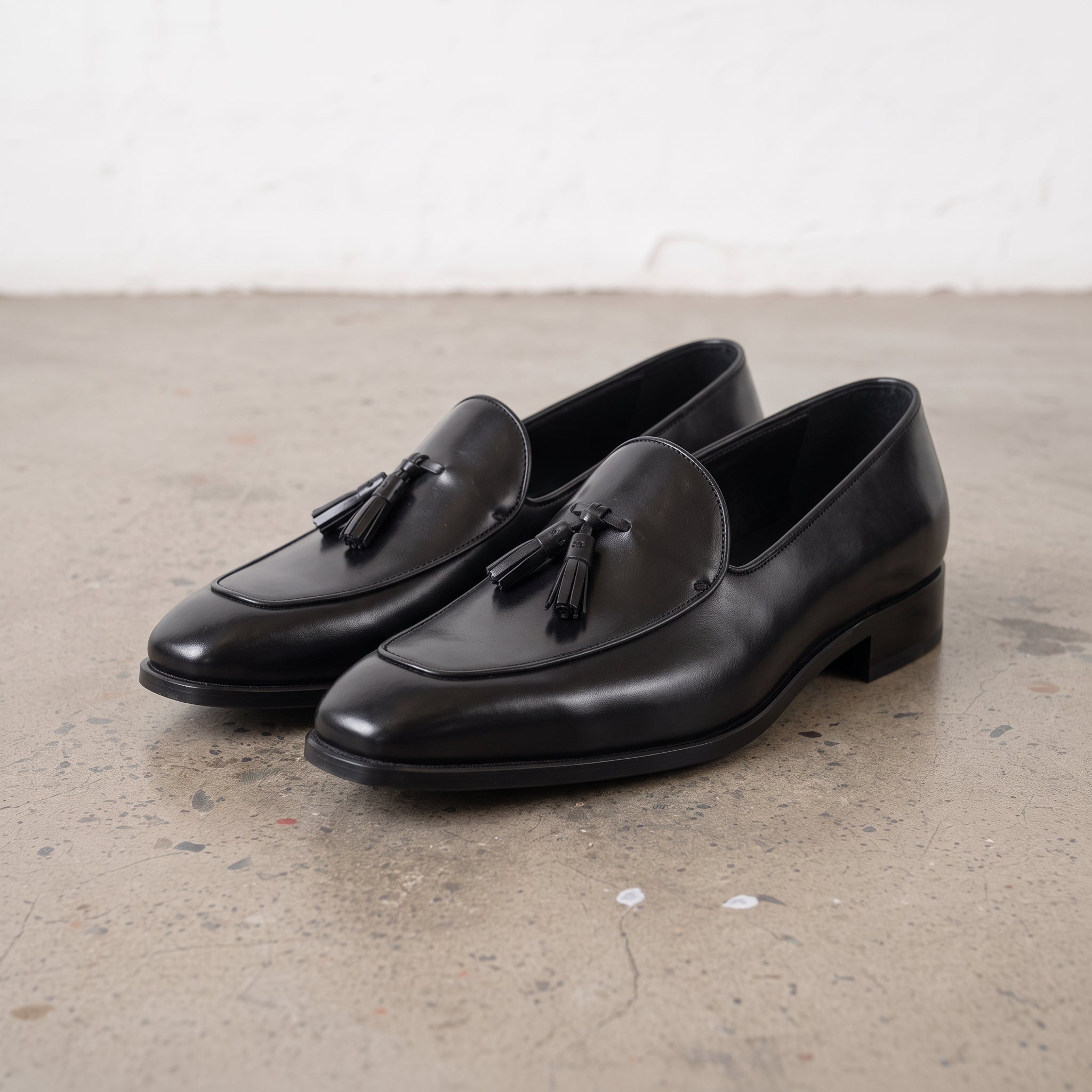 Men's Black Apron-Toe Leather Tassel Loafers — Ainsley