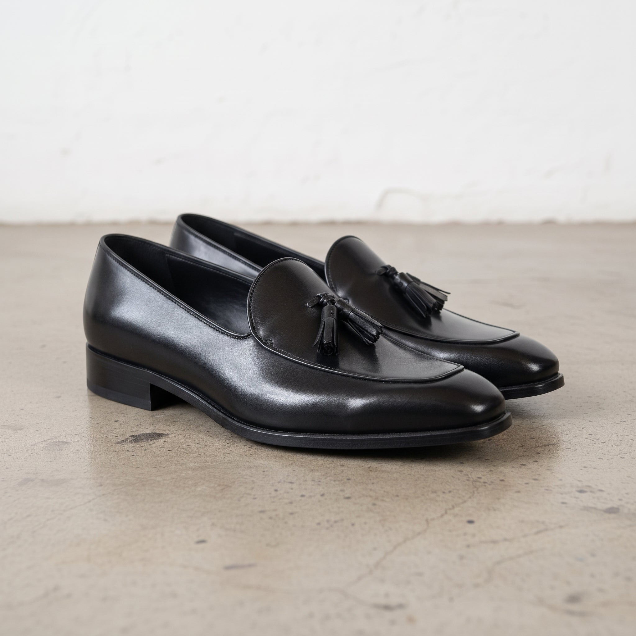 Men's Black Apron-Toe Leather Tassel Loafers — Ainsley