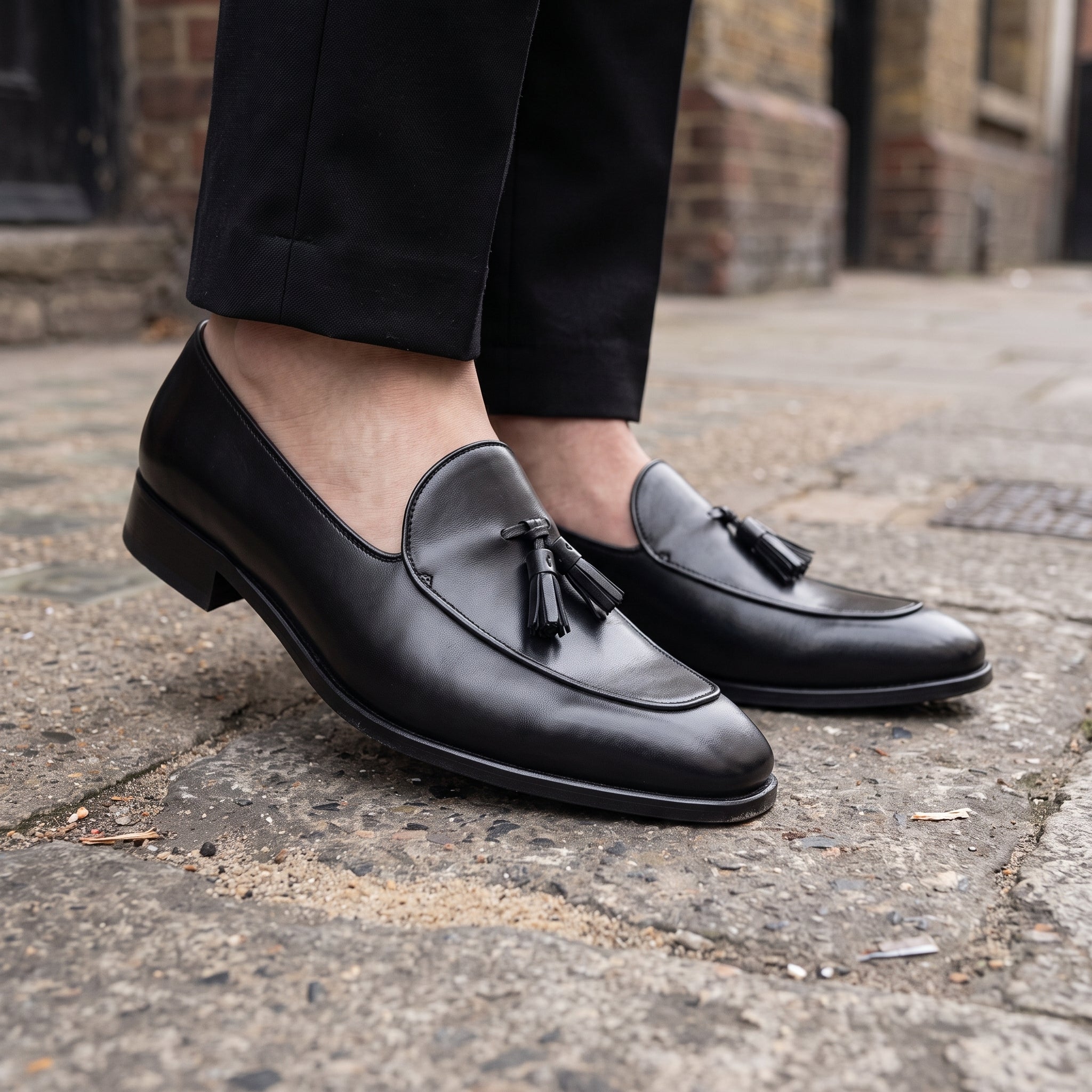 Men's Black Apron-Toe Leather Tassel Loafers — Ainsley