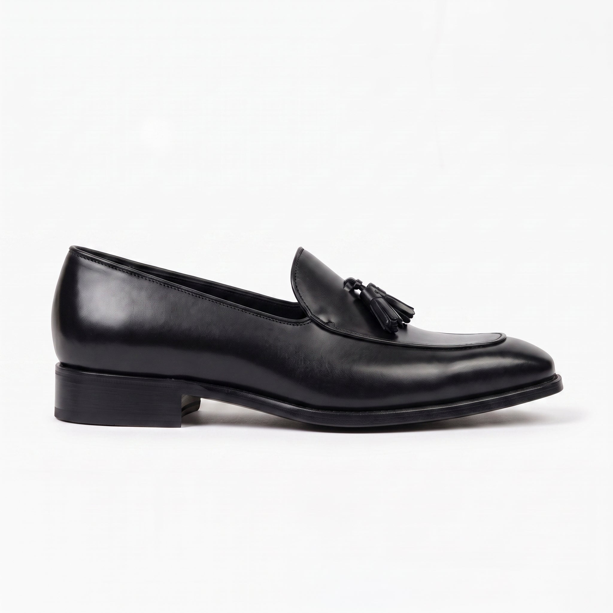 Men's Black Apron-Toe Leather Tassel Loafers — Ainsley