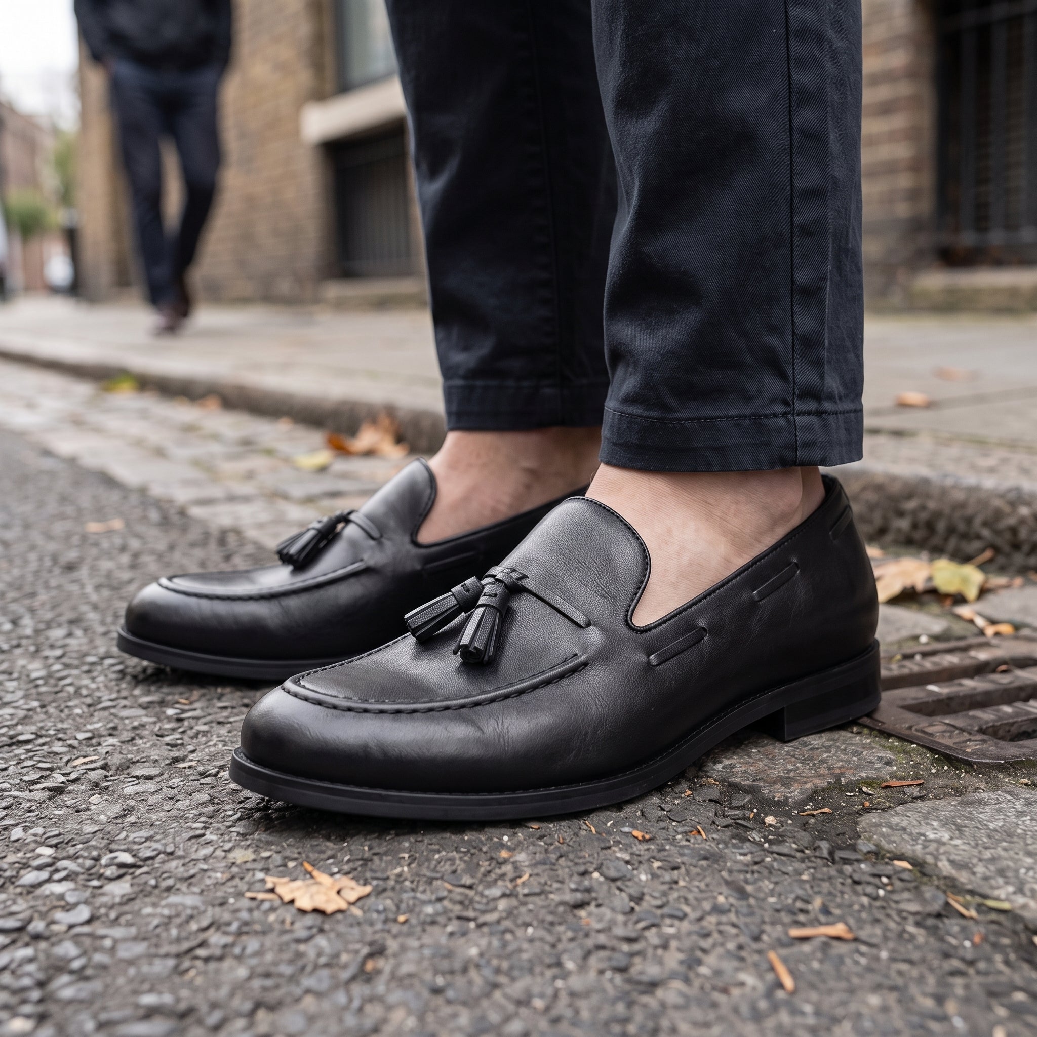 Men's Black Apron-Toe Leather Tassel Loafers — Armitage