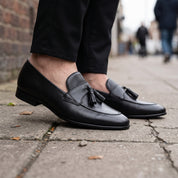 Men's Black Apron-Toe Leather Tassel Loafers — Atley