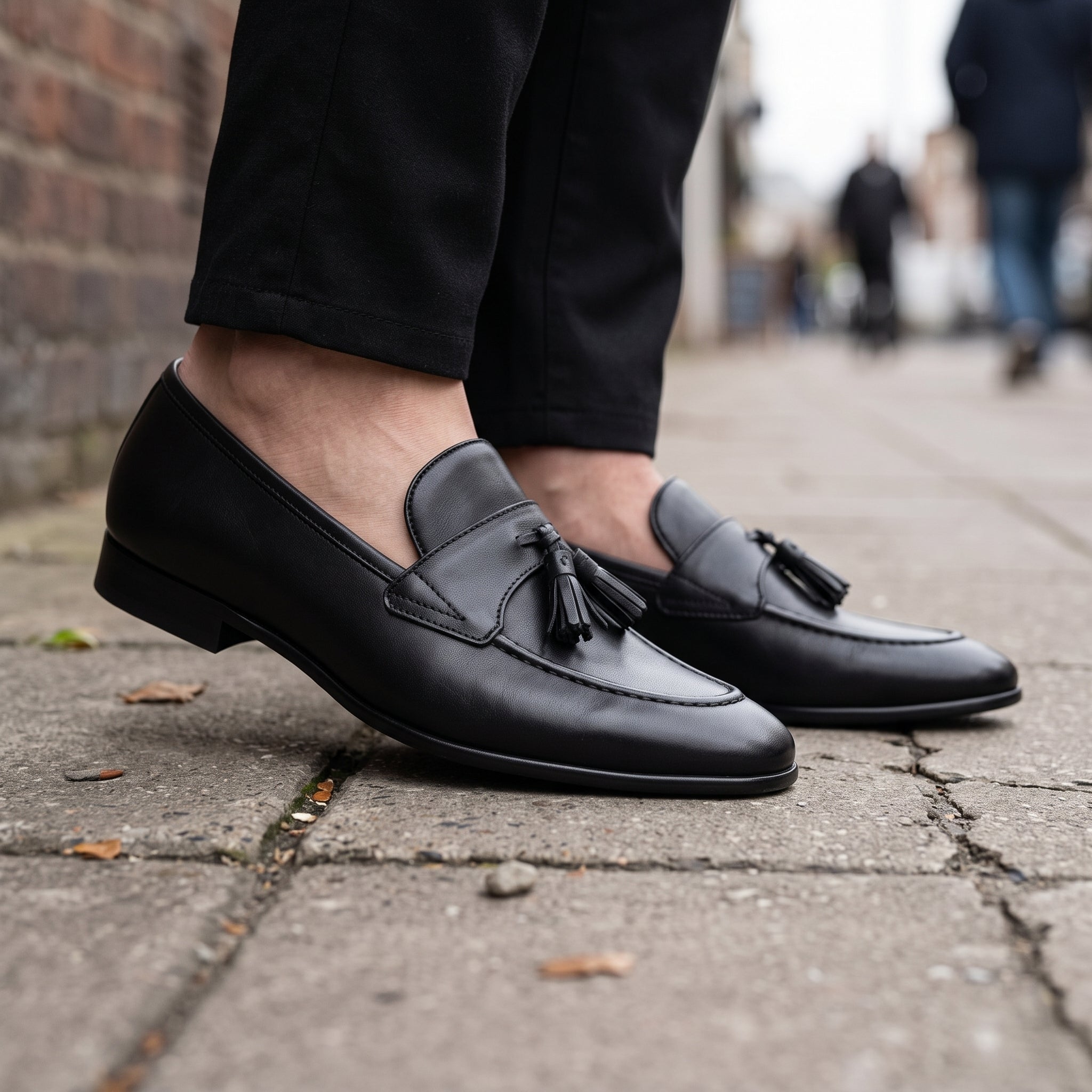 Men's Black Apron-Toe Leather Tassel Loafers — Atley